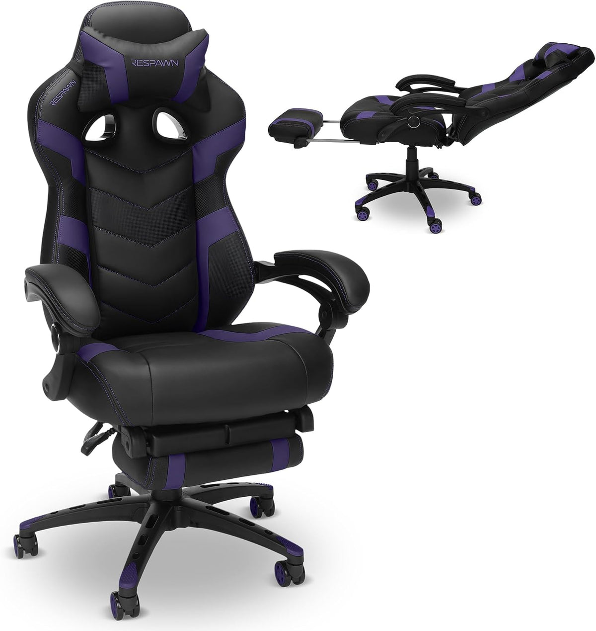 Angled view emphasizing purple trim and purple-accented caster wheels on a black gaming chair.