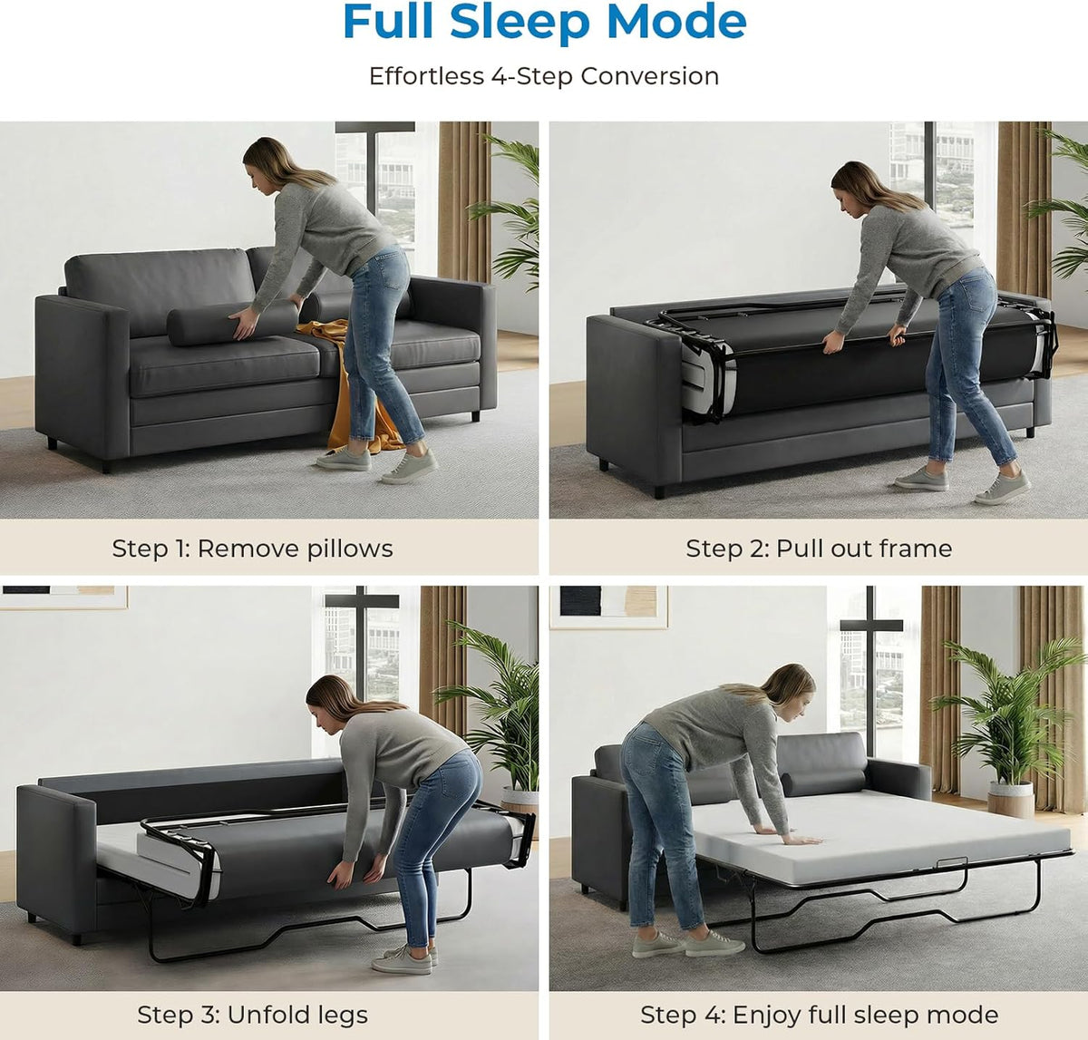 Four-step photo series showing a woman removing pillows, pulling out the frame, unfolding legs, and final bed