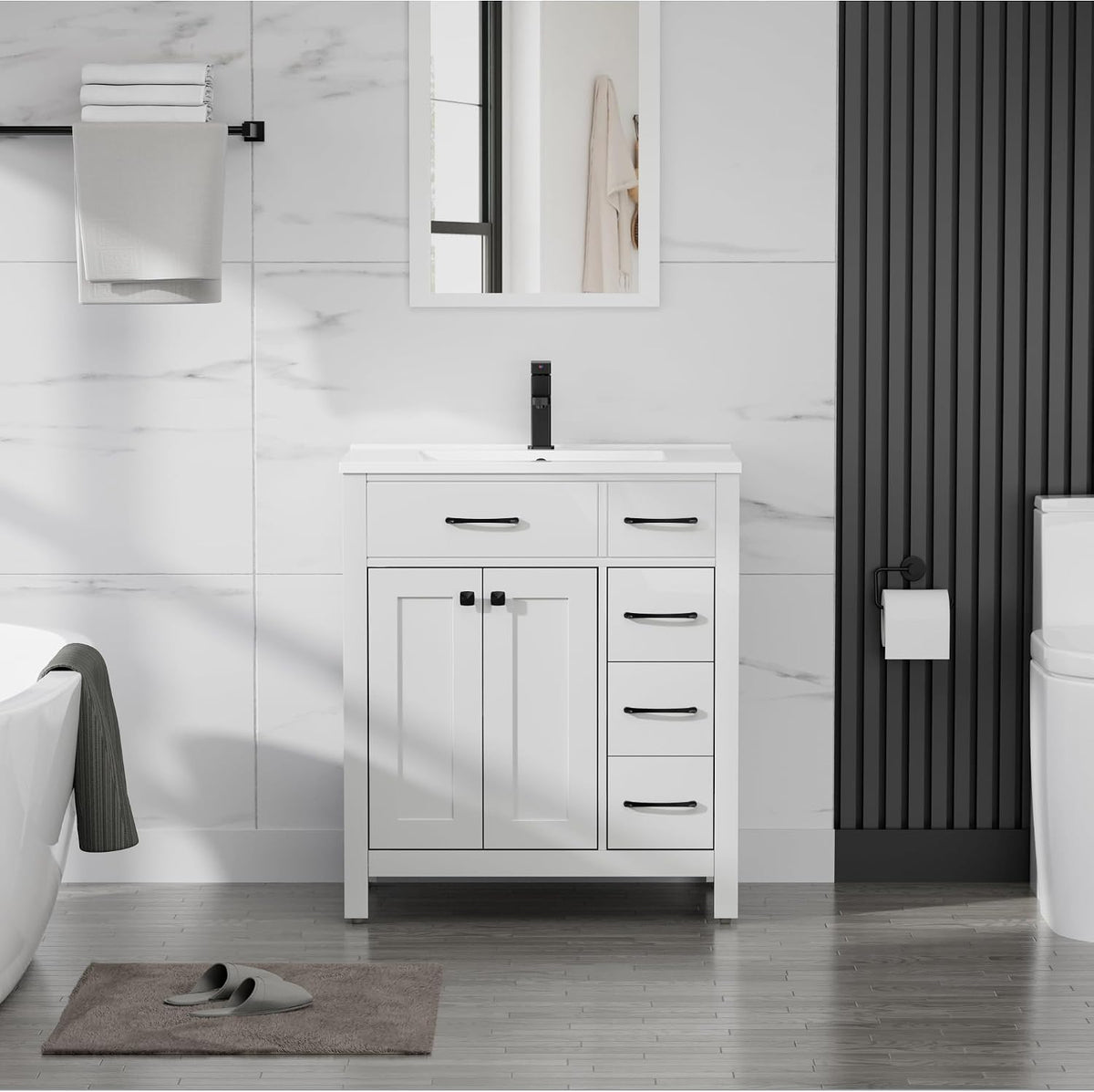 Compact white single-sink vanity with black faucet and black hardware accents