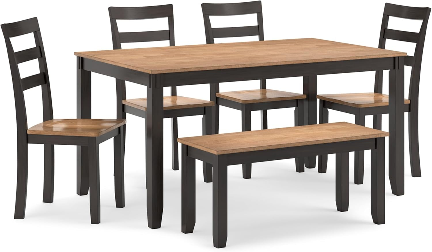 Six-piece dining set with rectangular table, bench and four ladder-back chairs on white background.