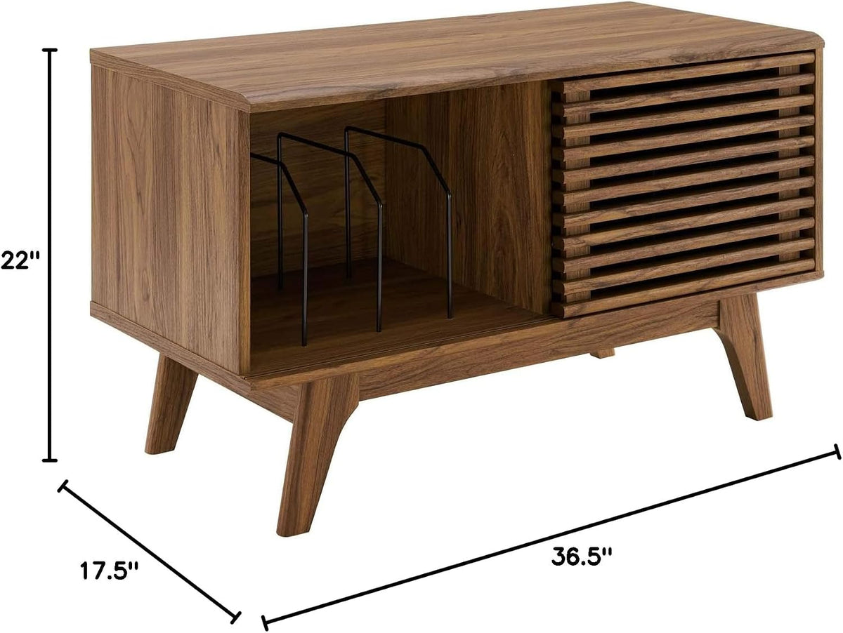 Front-quarter view of record stand with dimension overlays showing 36.5 x 17.5 x 22 inches on a white background.