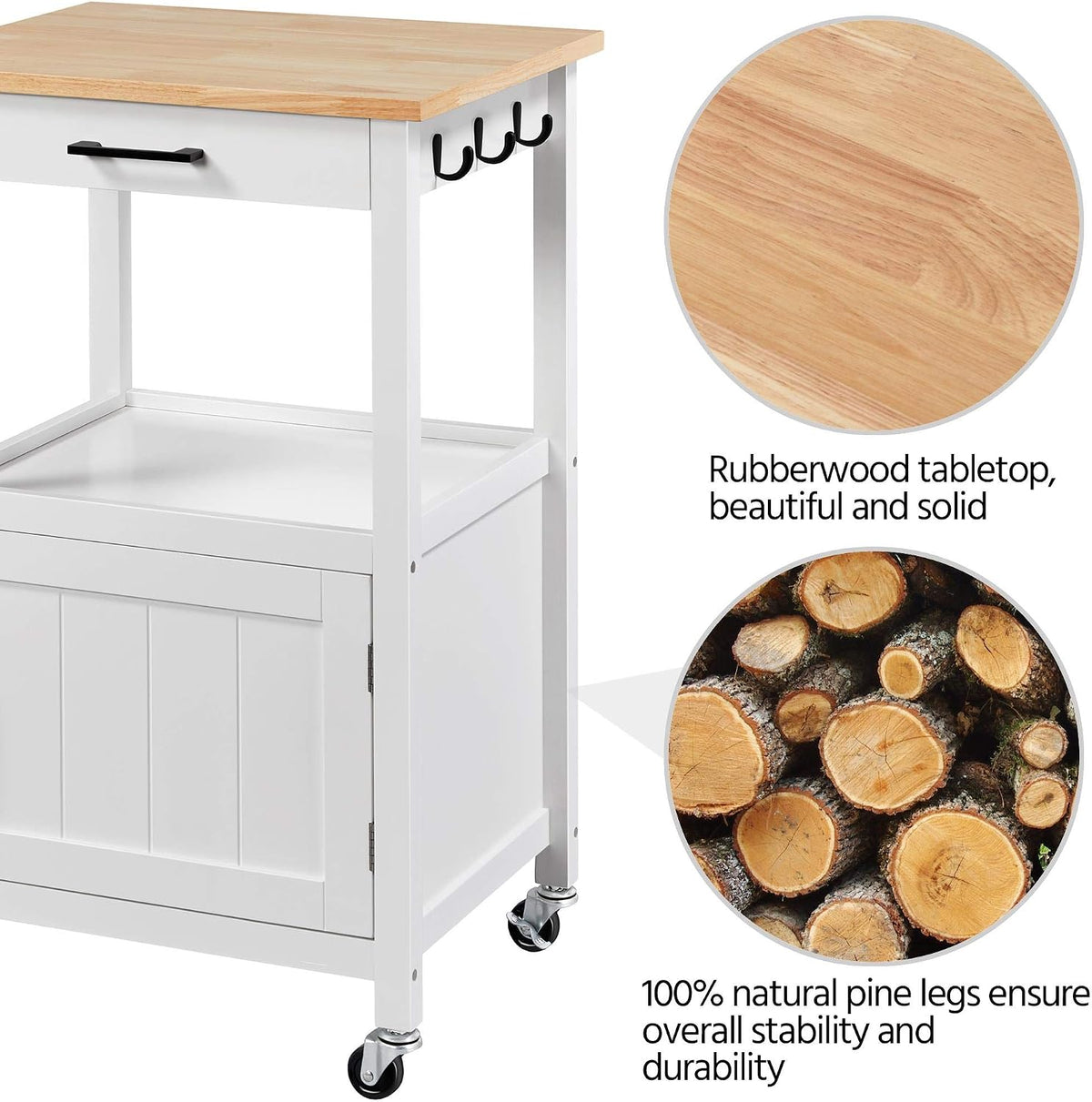 Corner close-up of white cart showing wood-grain tabletop, locking caster and paneled cabinet side
