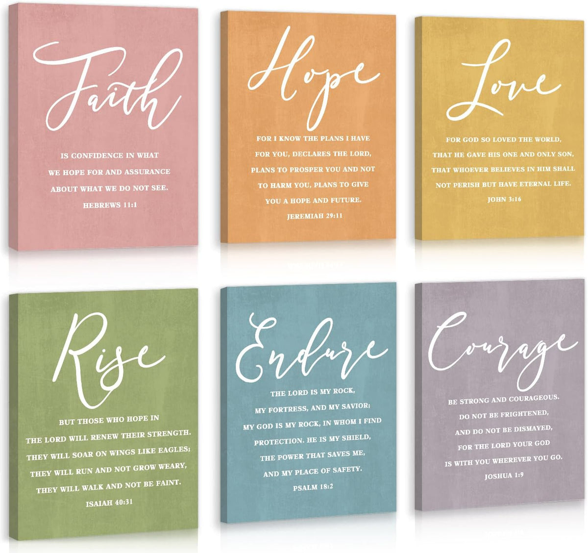 Six framed canvases in two rows with soft pastel backgrounds and large white script headings over smaller block text.