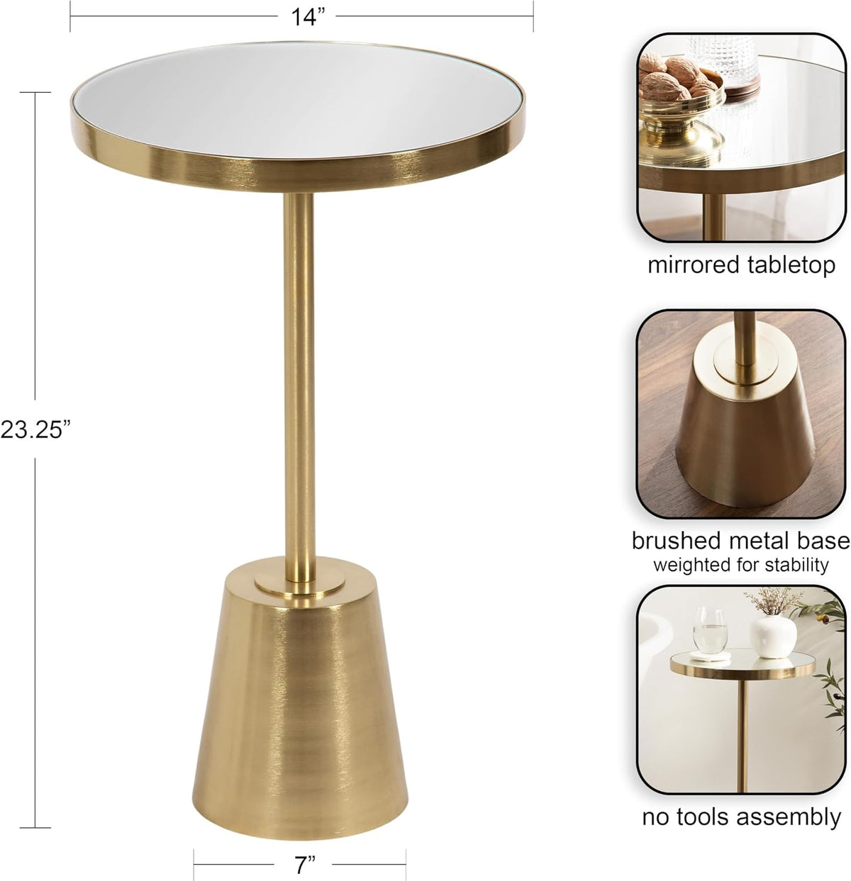 Round mirrored side table with dimension overlay showing 14 inch top and 23.25 inch height on a white background