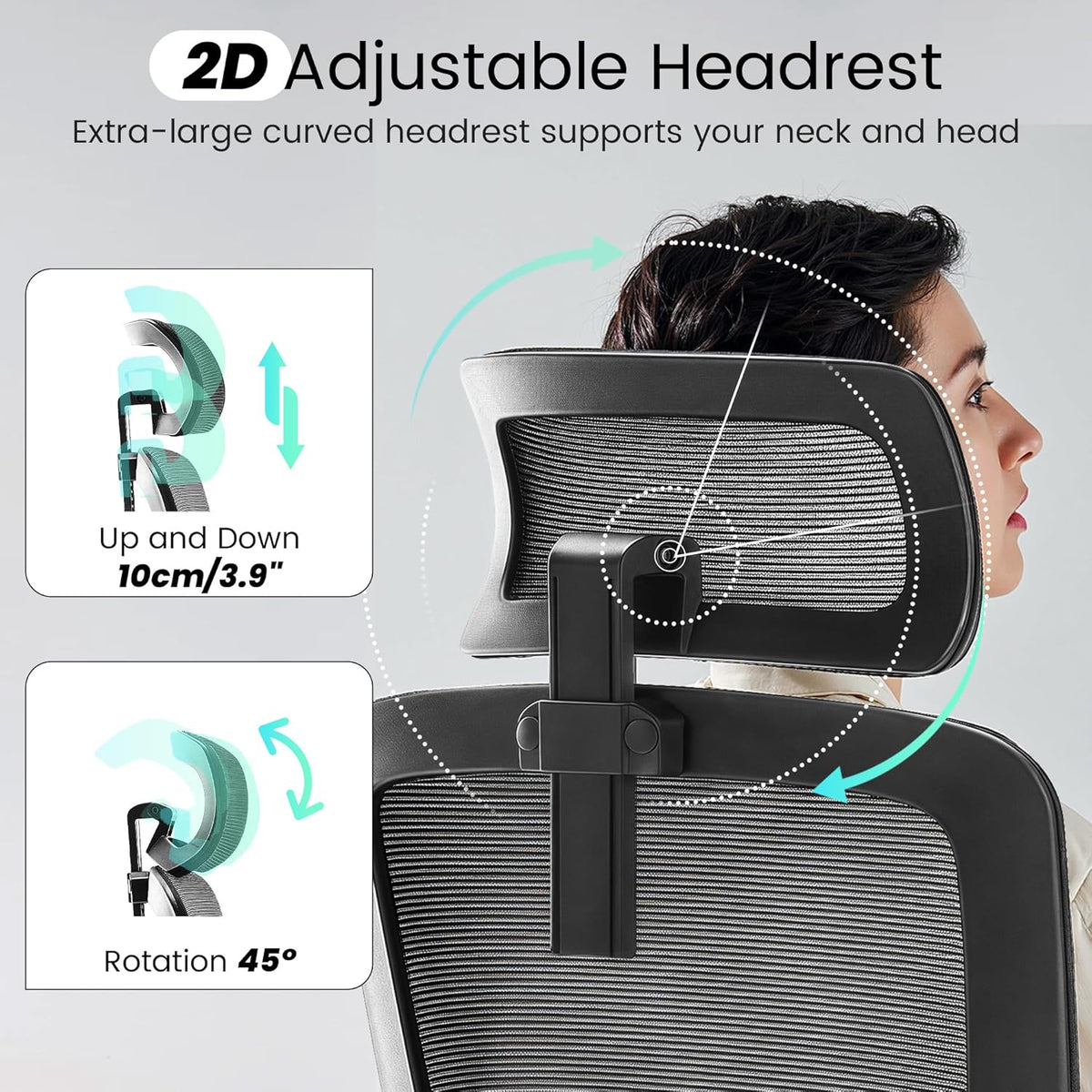 Close-up of adjustable curved headrest showing up/down travel and rotation illustration on the mesh back