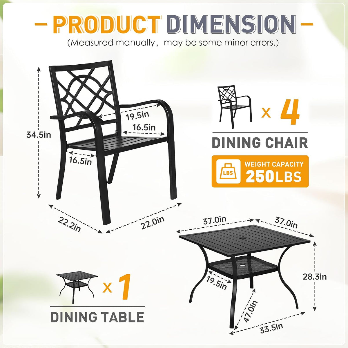 Graphic diagram showing product dimensions for the 37-inch square table and chairs with labeled measurements.
