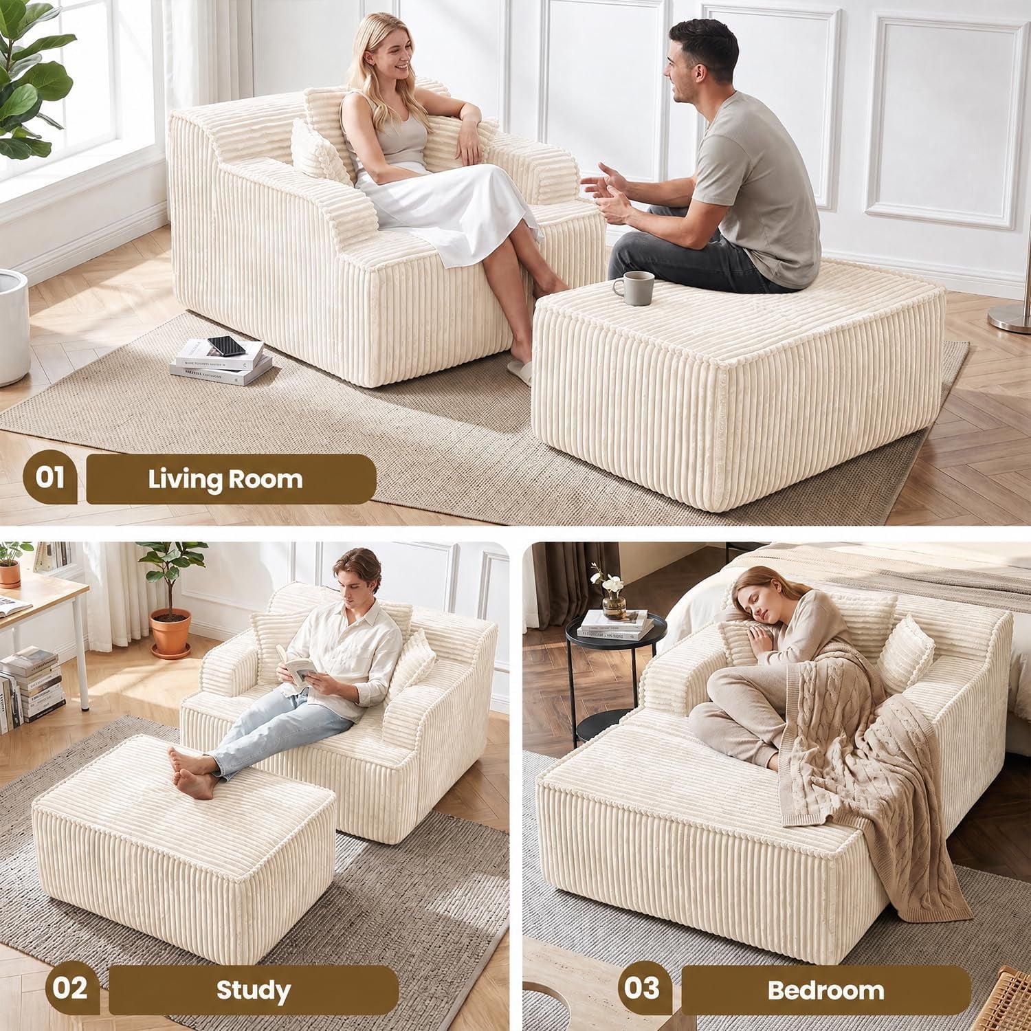 Beige corduroy chaise lounge and ottoman used as seating with a person sitting on the ottoman in a living room scene