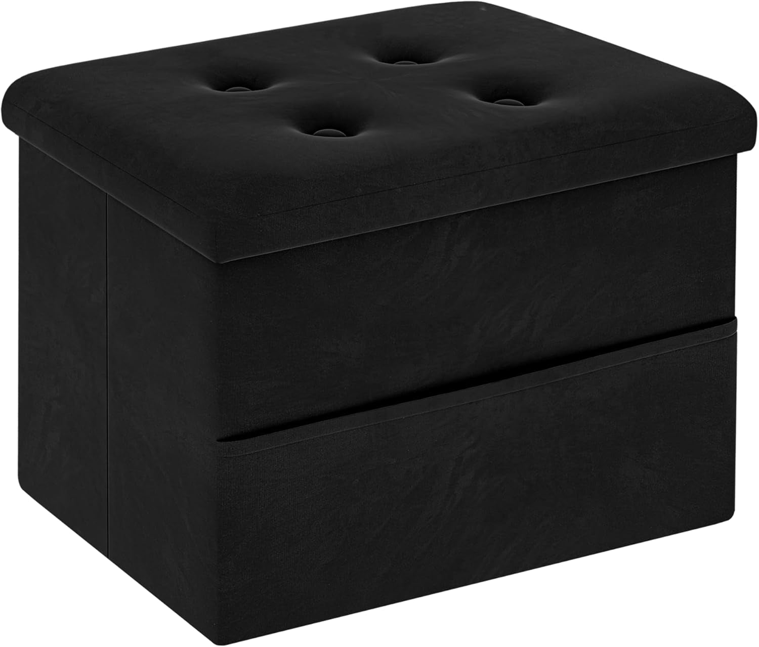 Black velvet square storage ottoman angled front view showing tufted cushion and side pocket