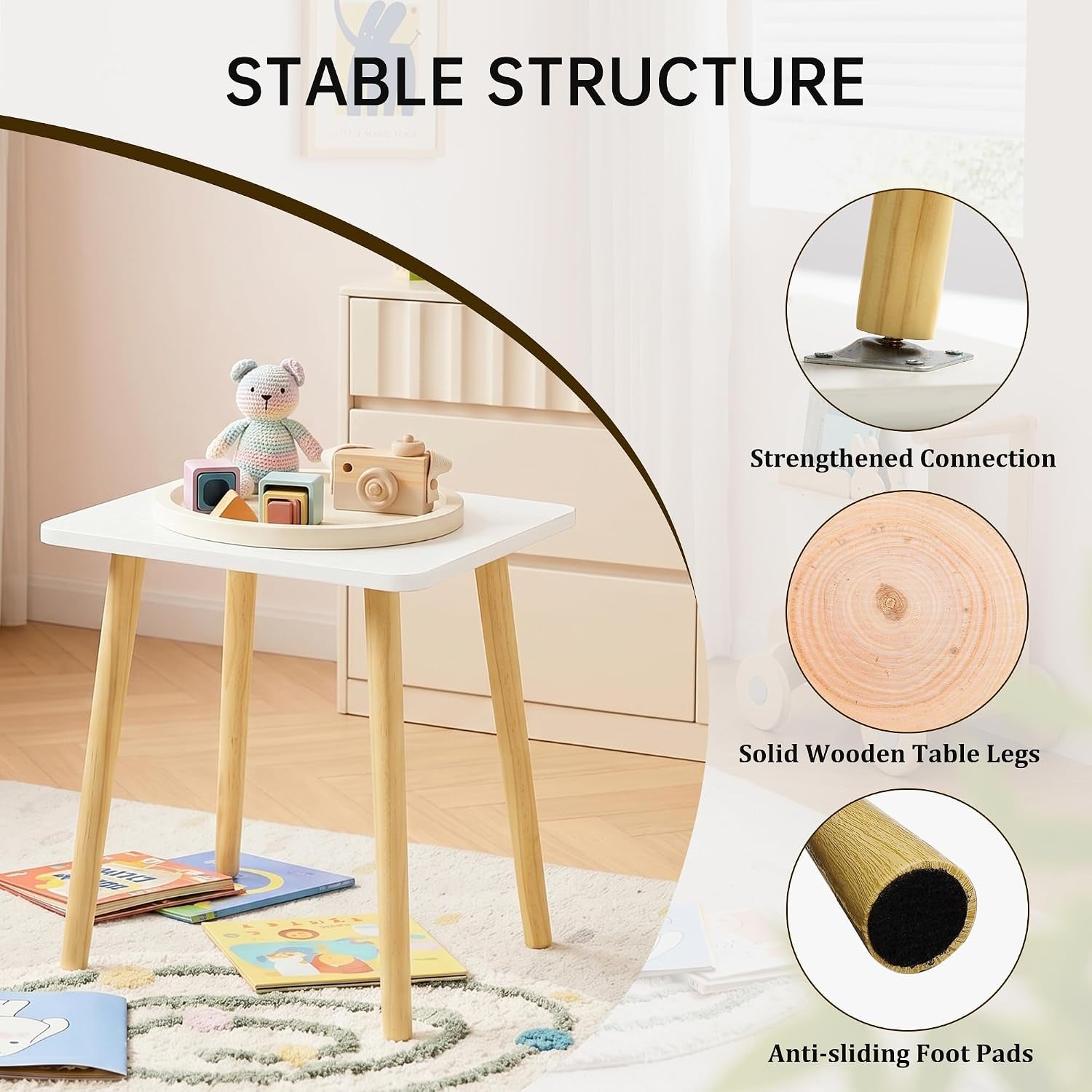 Square side table on a rug with toys on top; three circular insets show a leg-to-top connection, wood leg cross-section, and