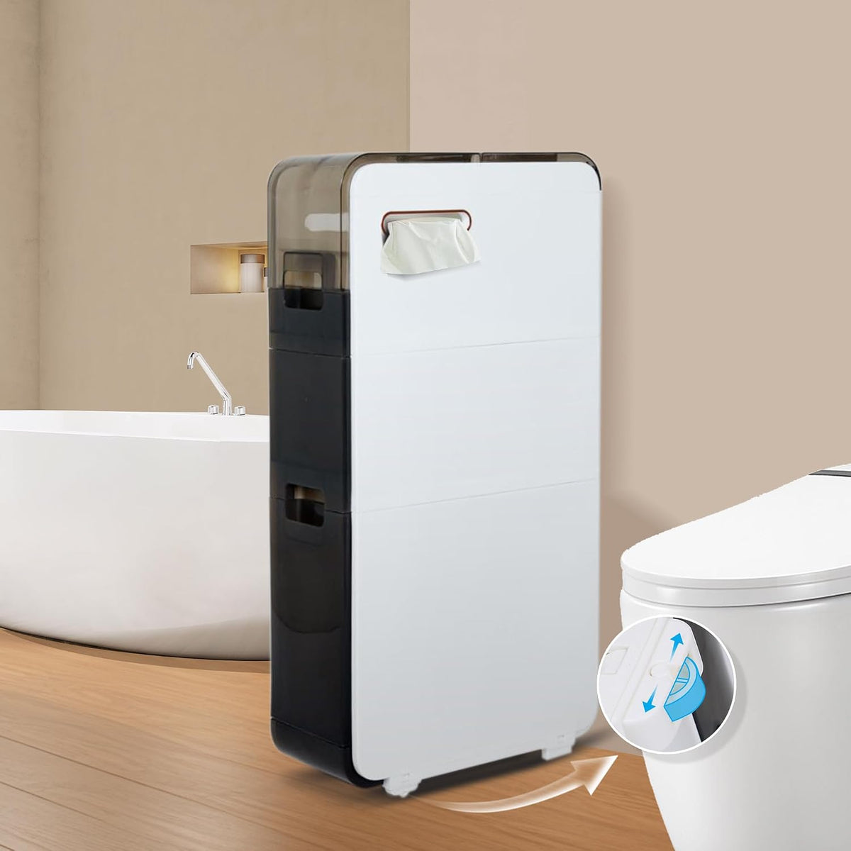 Tall narrow white-and-black 4-tier bathroom storage unit on wheels beside a bathtub and toilet.