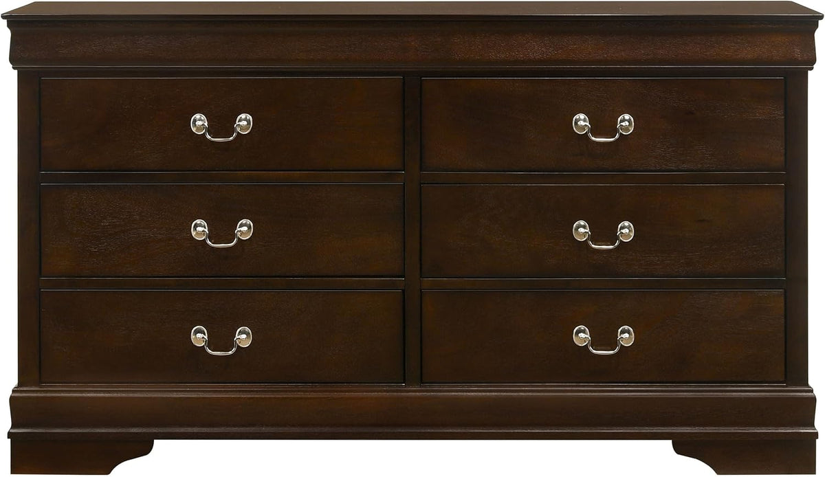 Straight-on front view of the dresser showing six evenly spaced drawers and decorative hardware.