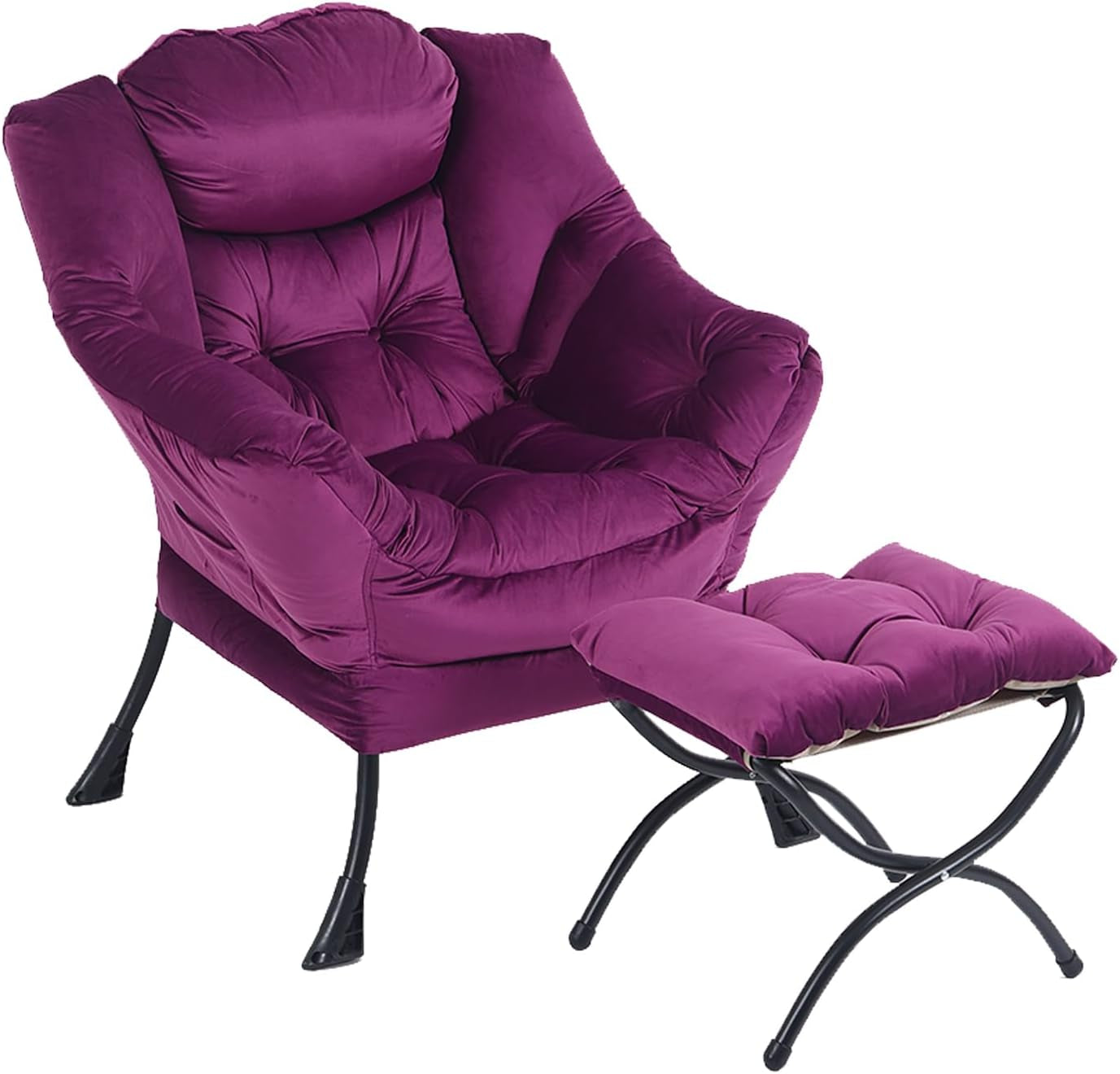 Purple cushioned lounge chair paired with a matching padded foldable ottoman