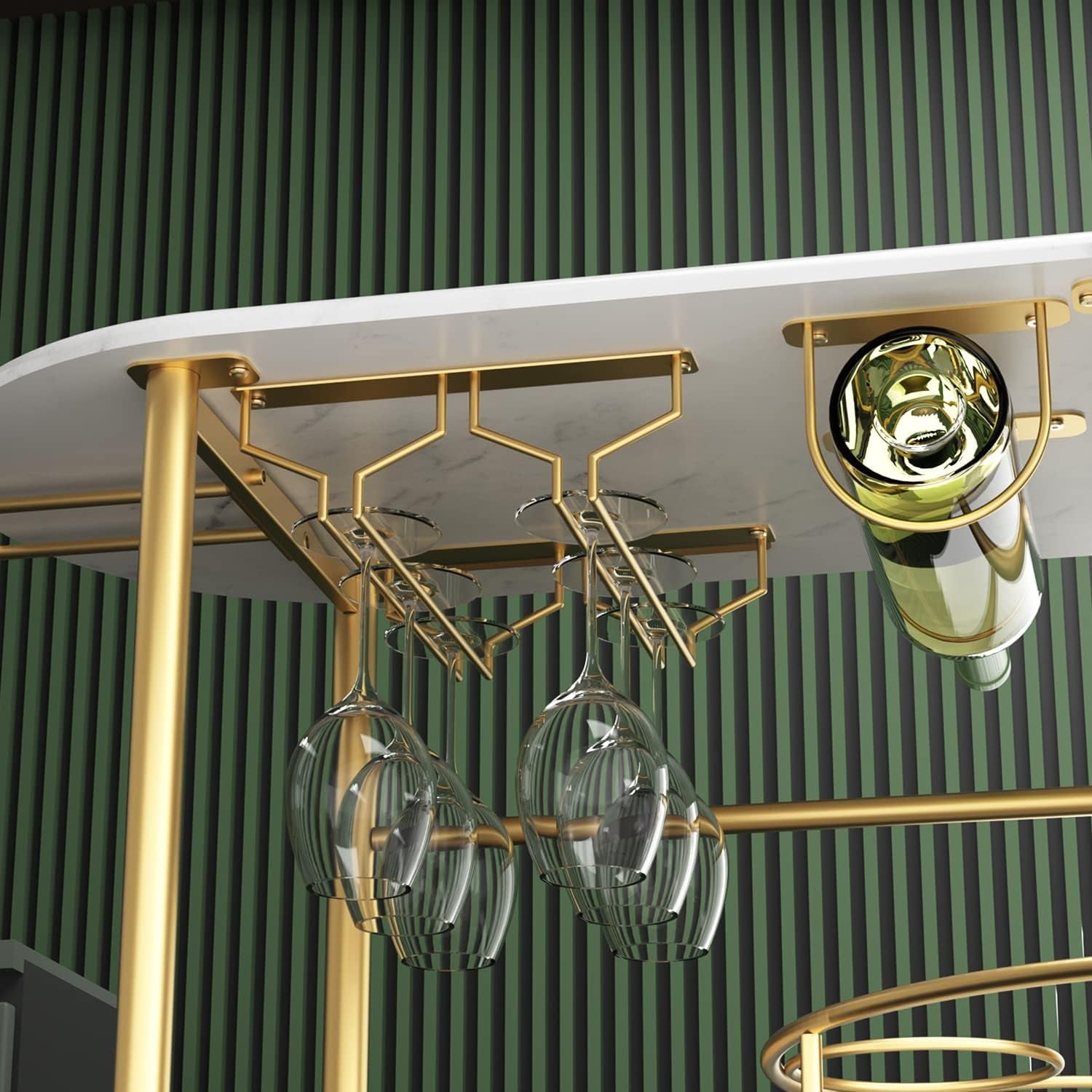 Underside view showing gold stemware racks with hanging wine glasses and a bottle holder under the top shelf.