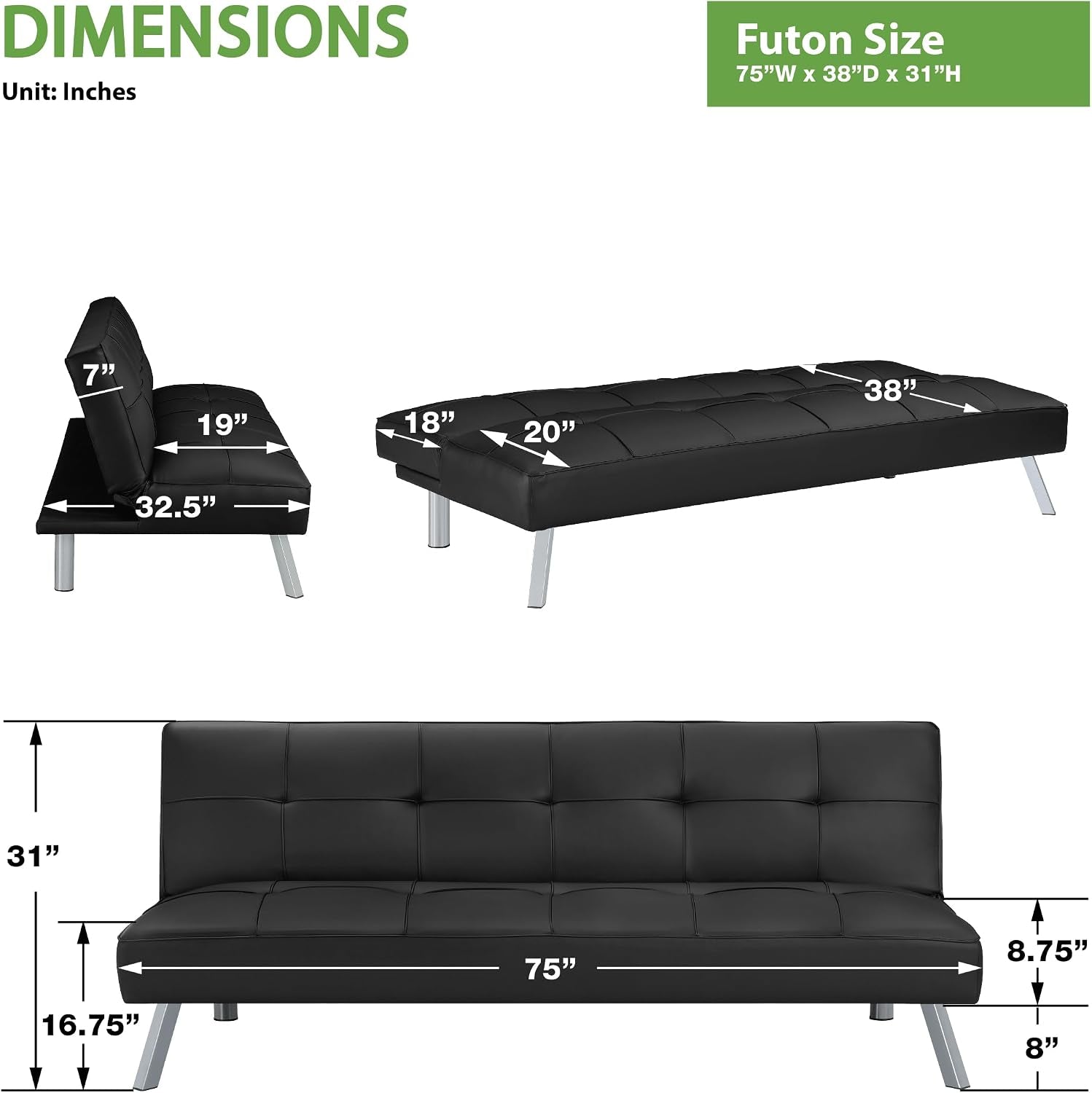 Graphic dimension image showing front and side views of the black futon with measurements overlay