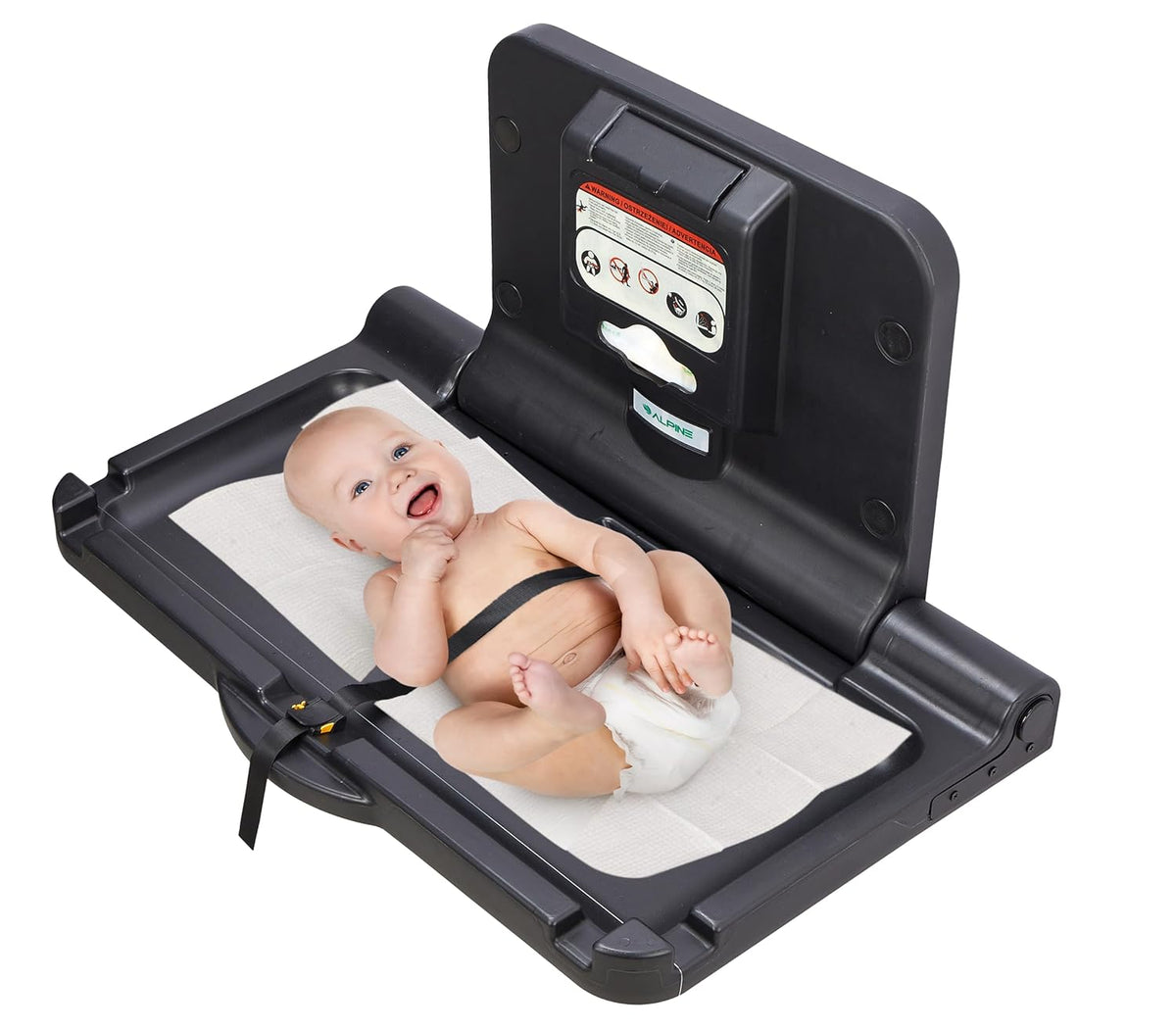 Open dark gray wall-mounted baby changing table shown flat with a secured baby on a disposable pad and safety strap.
