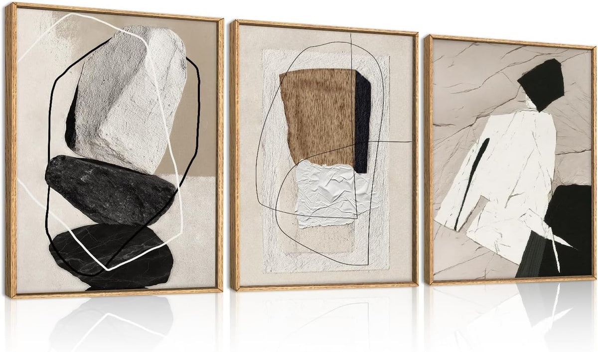 Triptych of abstract textured compositions in neutral tones with stacked stone and layered shapes in wood frames.