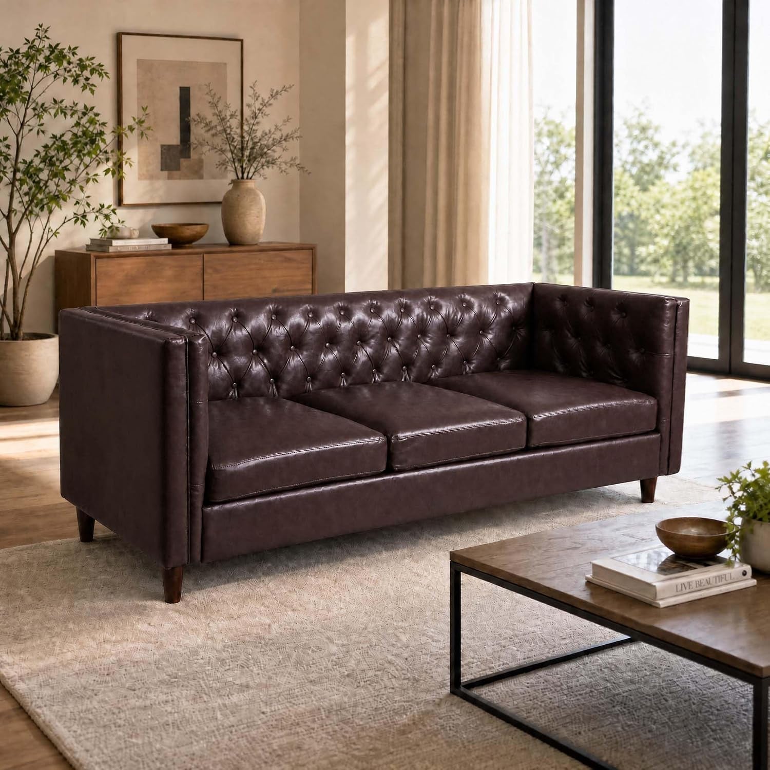 81'' Modern Leather Couch for Living Room, Mid Century Leather Sofa with Deep Seat, Handmade Button Tufted Sofa, Chesterfield 3 Seat Couch for Apartment, Office, Brown