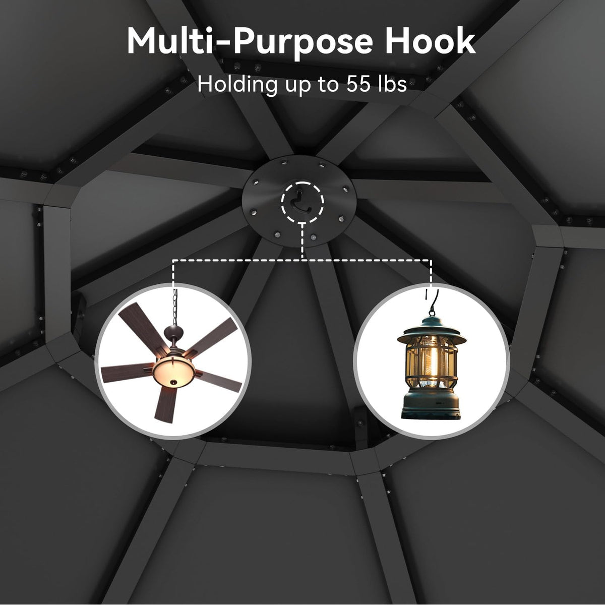 Interior ceiling close-up showing the central metal hook plate and radial roof ribs with inset images of a fan and lantern.