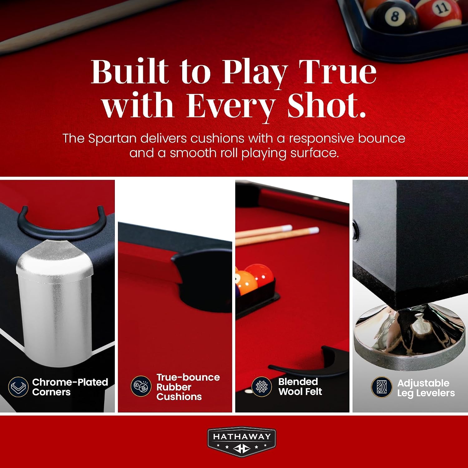Close-up detail collage showing corner cap, pocket, red playing surface, and an adjustable leg leveler