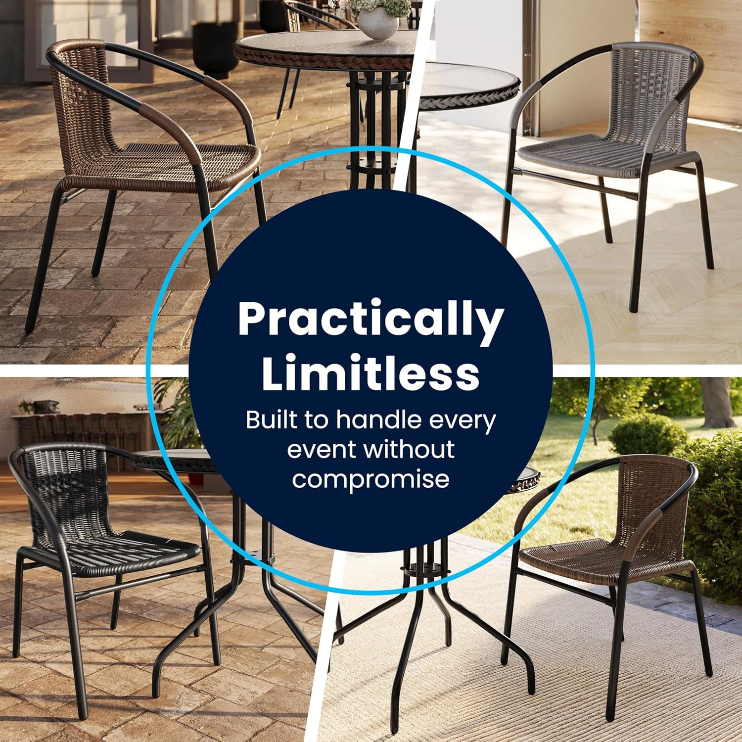 Four-panel collage showing the brown rattan chairs around outdoor bistro tables in different settings.