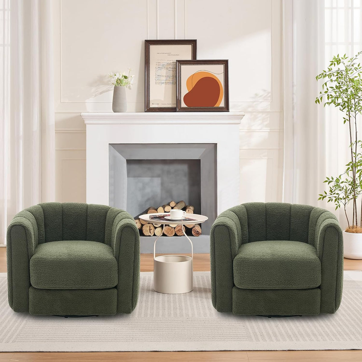 Two green Teddy Fleece swivel chairs arranged with a side table in a living room setting