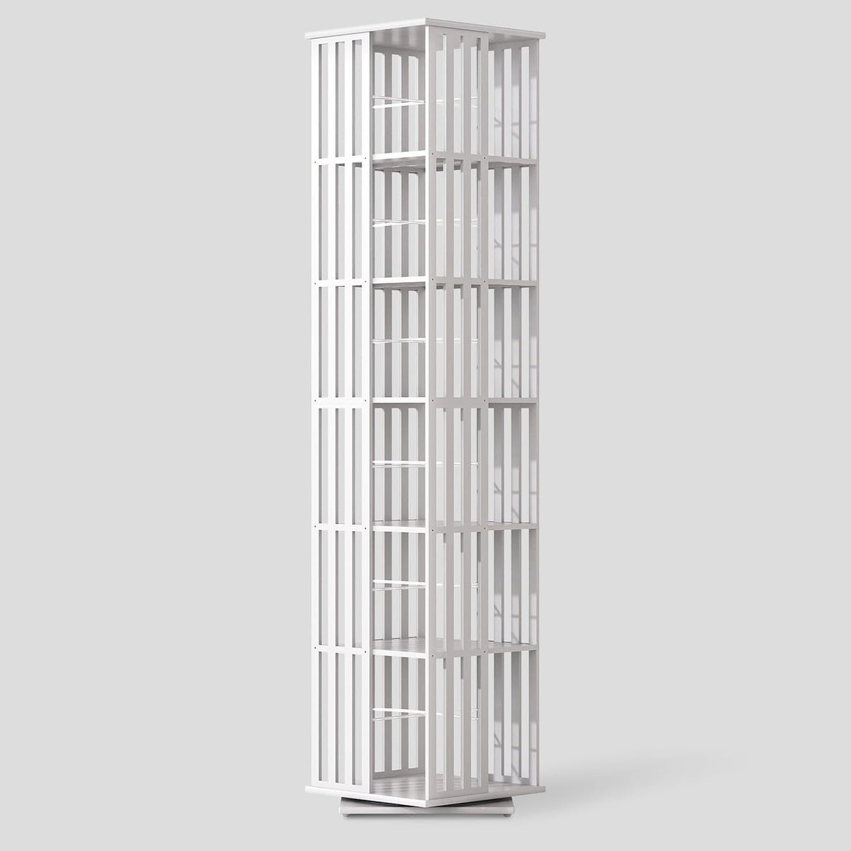 Tall white six-tier rotating bamboo bookcase photographed against a neutral gray background.