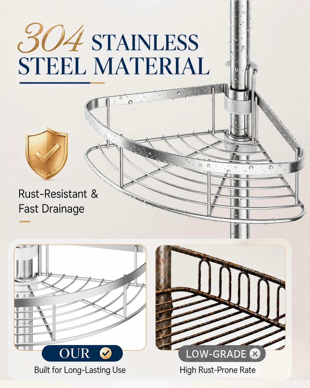 Close-up of a wet stainless steel wire corner shelf with water droplets illustrating drainage and rust-resistant finish