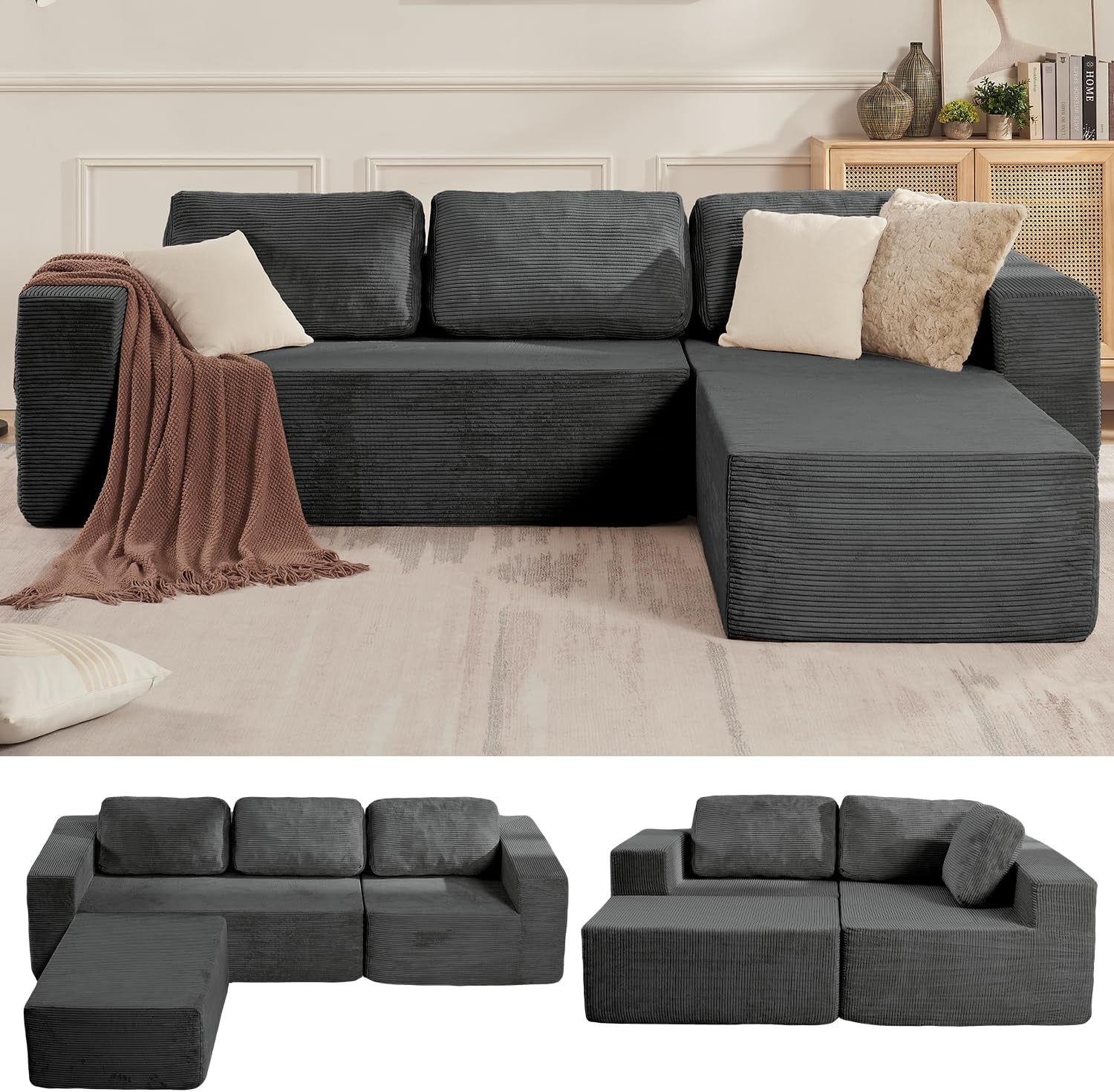 L-shaped modular sectional arranged in a right-facing configuration with cushions and two smaller images showing alternate