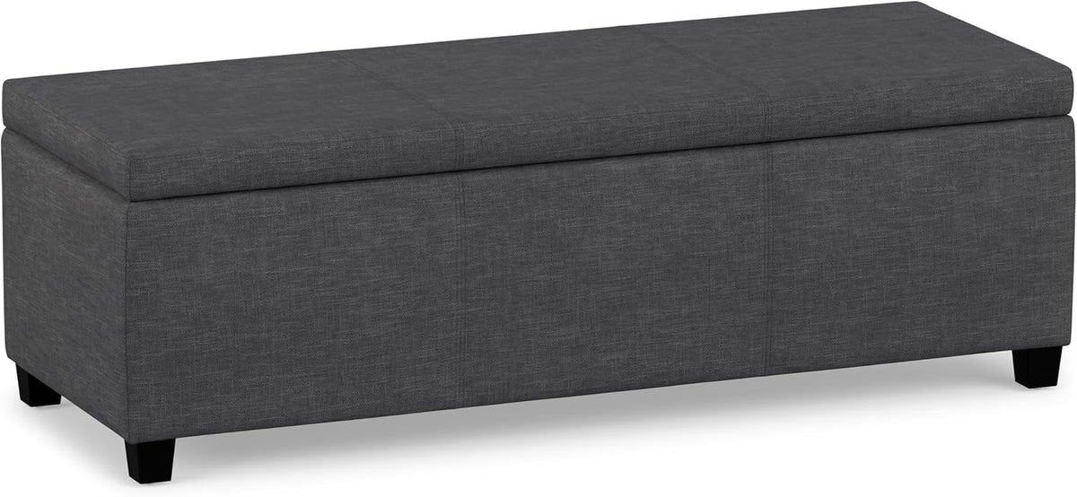 Slate grey linen-look storage ottoman bench front view on white background showing tapered legs