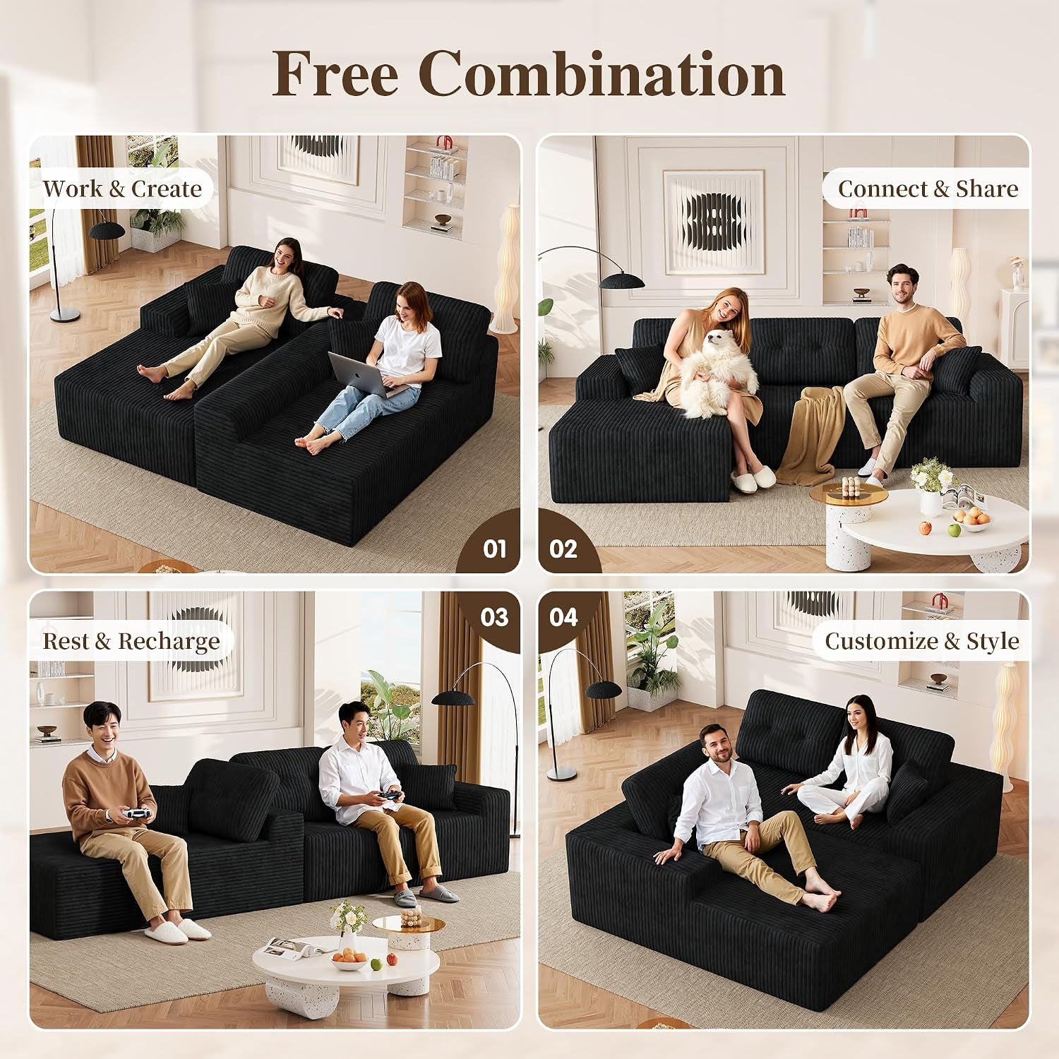 106" Boneless Sectional Sofa, Corduroy Modular L Shaped Couch with Deep Seat Chaise, Cloud Style Oversized Sectional Couch for Living Room, No Assembly, Left Facing, Black