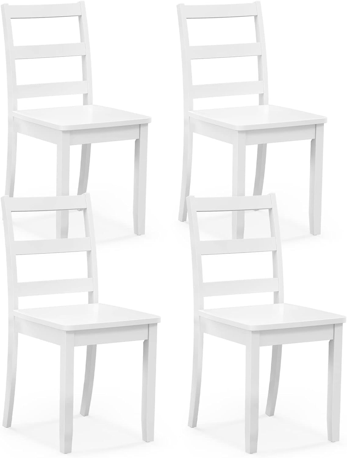Four white ladder-back armless dining chairs shown together on a white background.