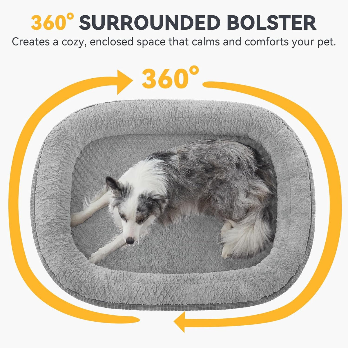 Top-down view of the grey bolstered bed with a dog inside and orange arrows circling to show a 360° surrounded bolster.