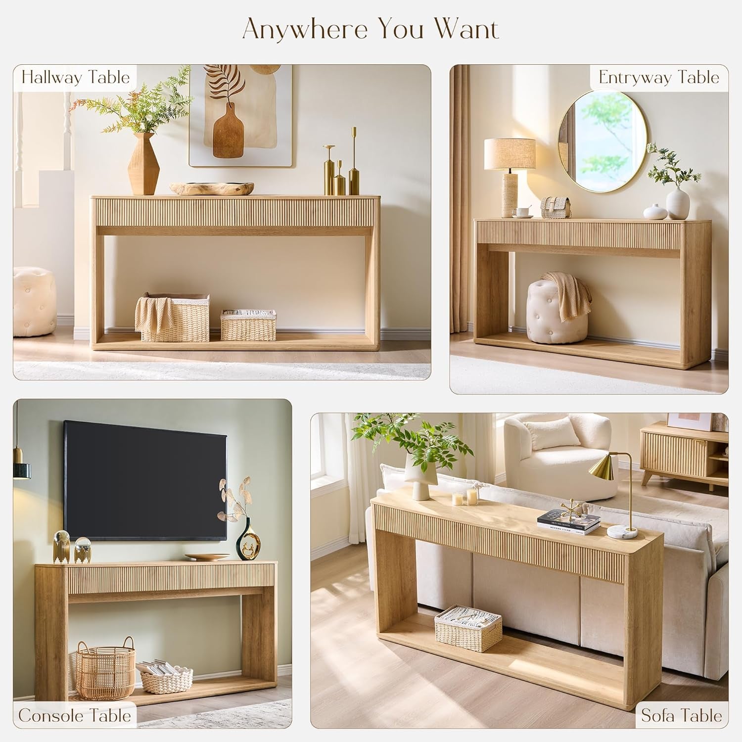 Four-panel layout showing the console used as a hallway, entryway, TV console and sofa table in different rooms.