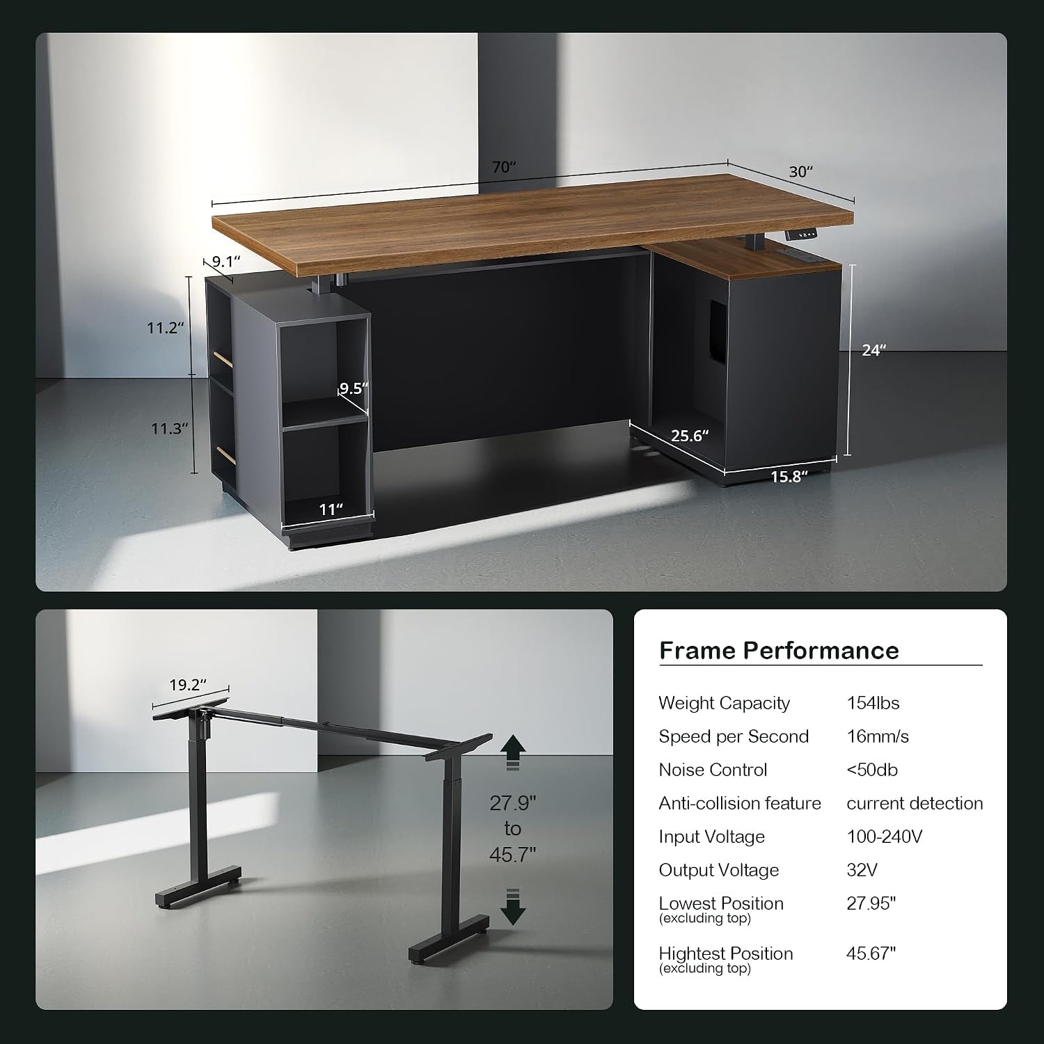 Desk overview with dimensional callouts and a metal frame illustration showing adjustable height range and base layout