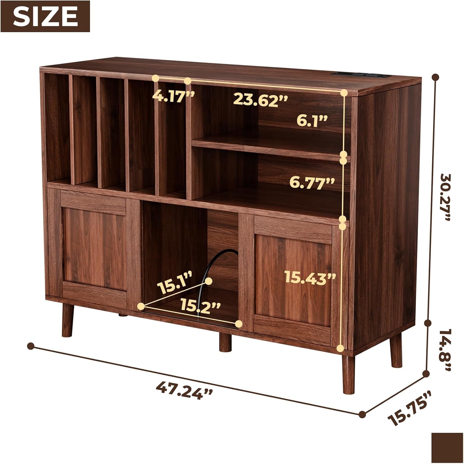 Dimension diagram of walnut record player stand showing 47.24 by 15.75 inch top and internal shelf measurements
