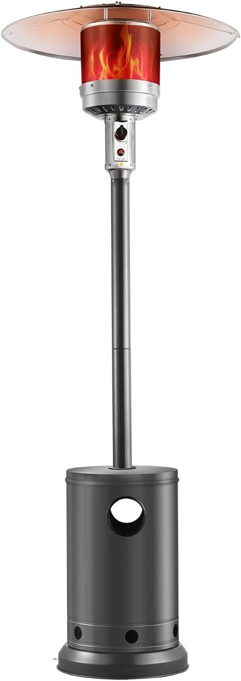 Tall umbrella-style patio heater in dark gray with circular base and simulated flame in the burner