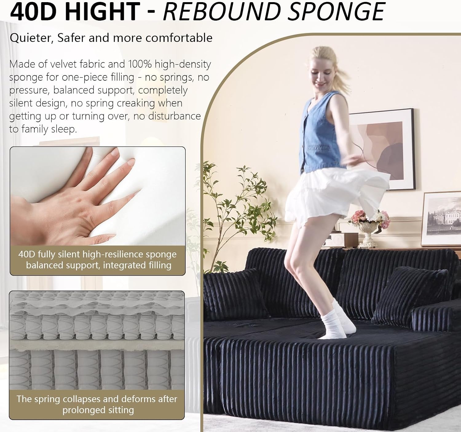 Oversized 79” Double Chaise Lounge Sofa Bed, Deep Seat Corduroy Cloud Loveseat Chair, No Assembly, Plush Upholstered Sleeper for Living Room or Bedroom (Dark Black)