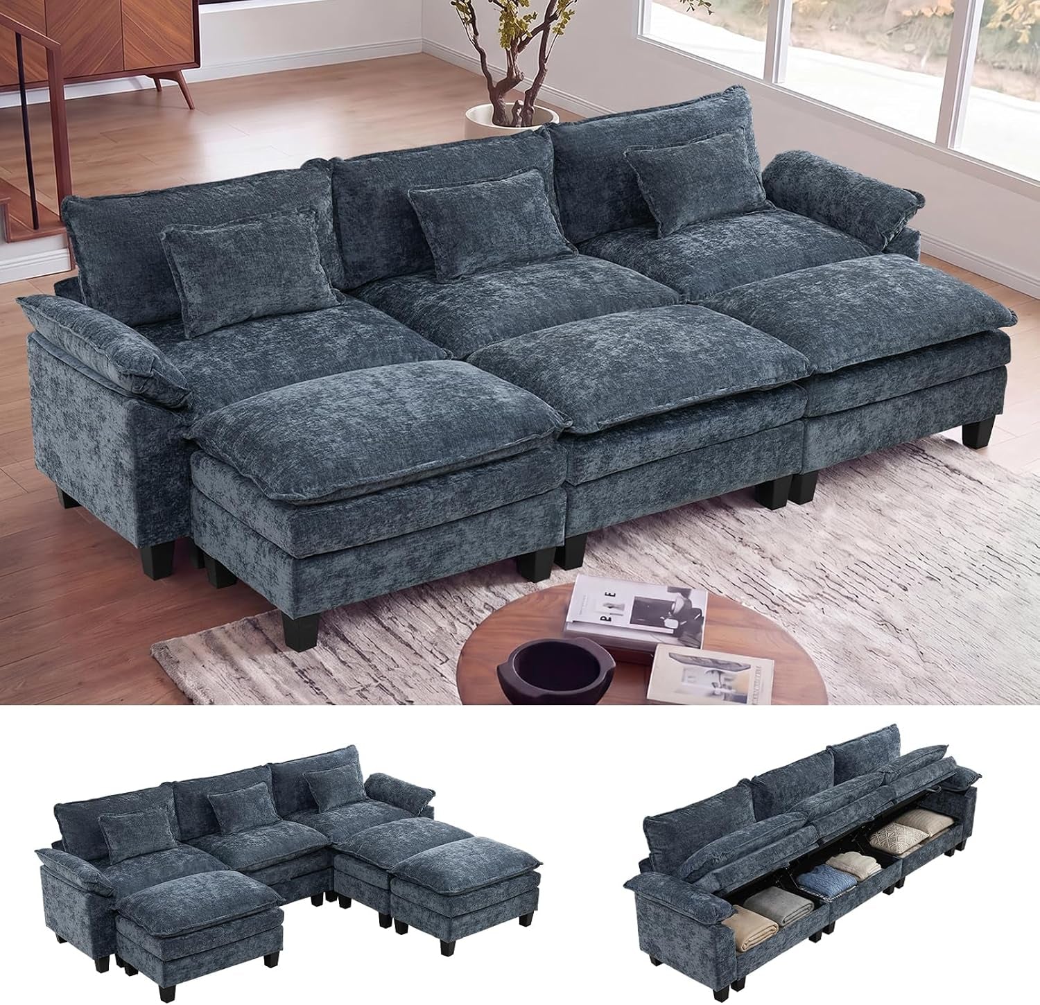 Charcoal-blue modular sectional with deep seat cushions and chaise arranged in a living room beside a window
