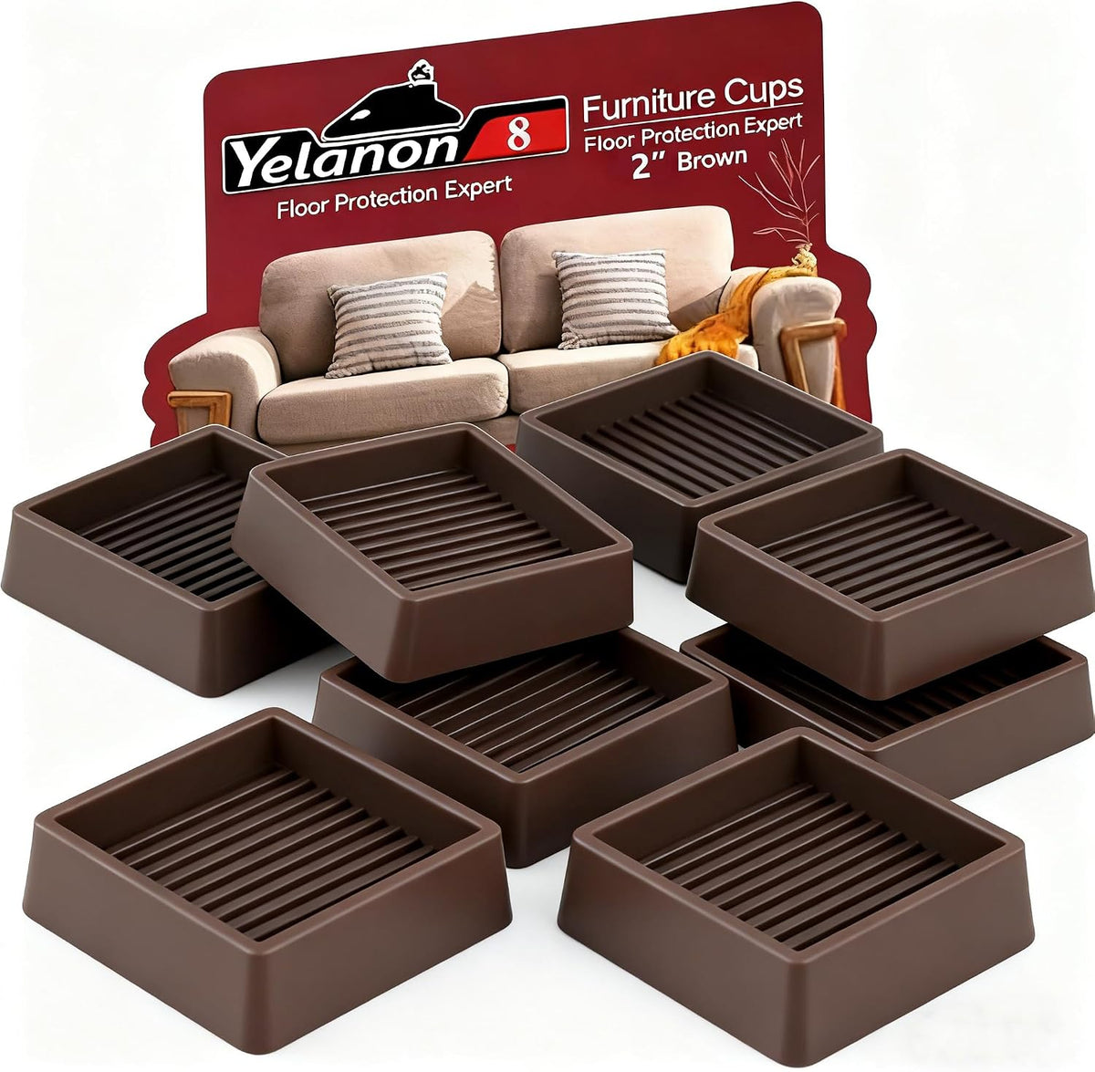 Eight brown square ribbed silicone furniture cups arranged in a staggered pile in front of a red sofa-themed backdrop.