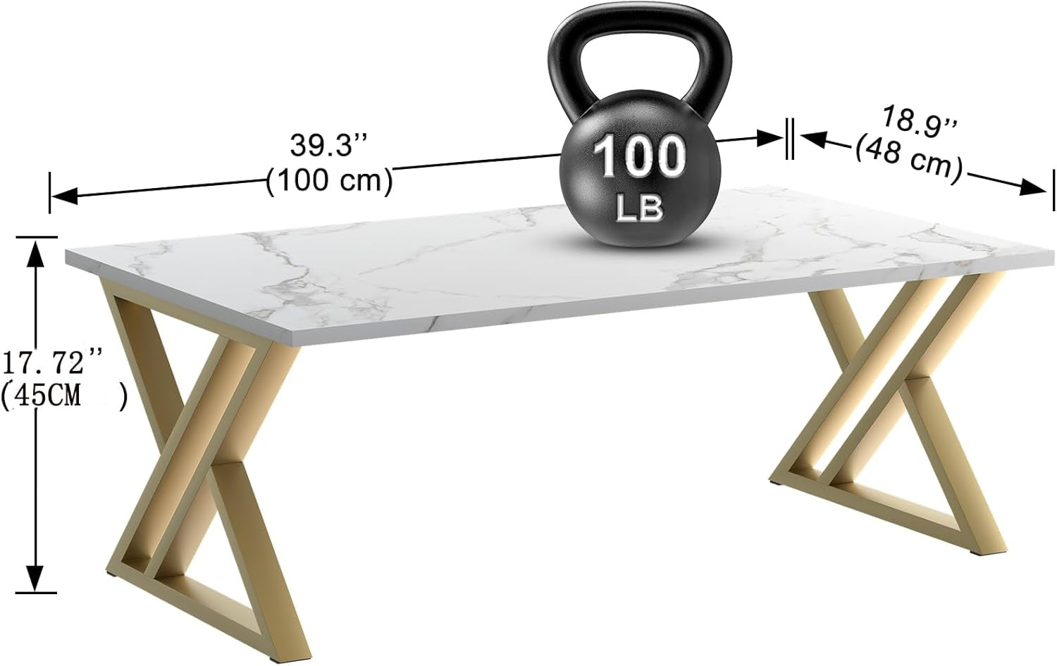 Rectangular coffee table with faux marble top and gold X-legs shown with annotated dimensions 39.3 x 18.9 x 17.72 inches