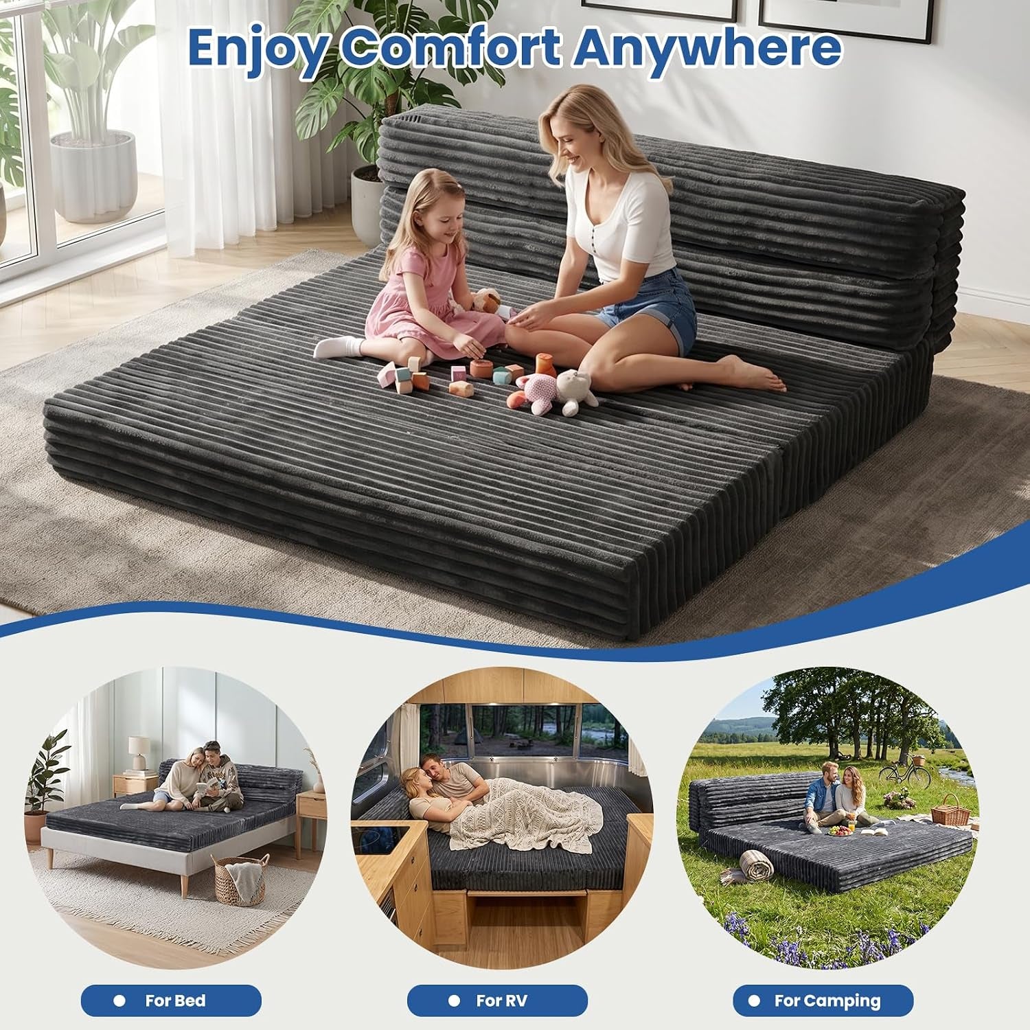 Futon styled as a floor bed in indoor and outdoor settings illustrating use for bed, RV and camping