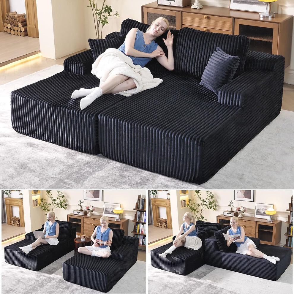 Oversized 79” Double Chaise Lounge Sofa Bed, Deep Seat Corduroy Cloud Loveseat Chair, No Assembly, Plush Upholstered Sleeper for Living Room or Bedroom (Dark Black)