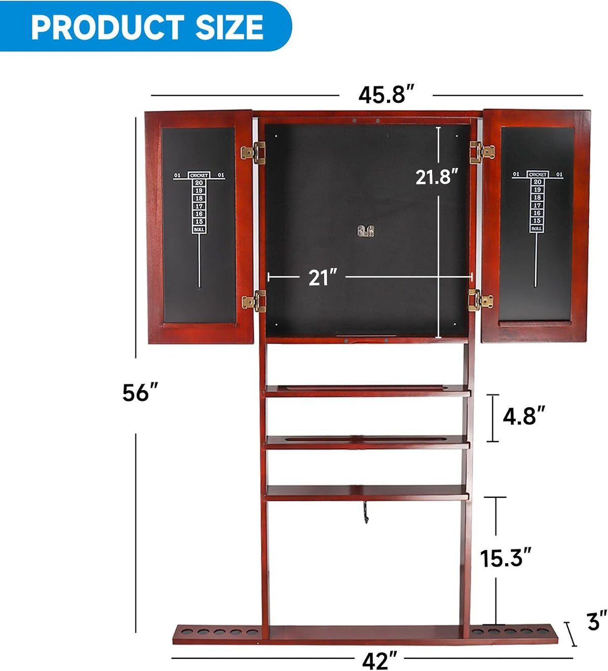 Front view of the open cabinet with measurement overlays showing overall and inner board dimensions.