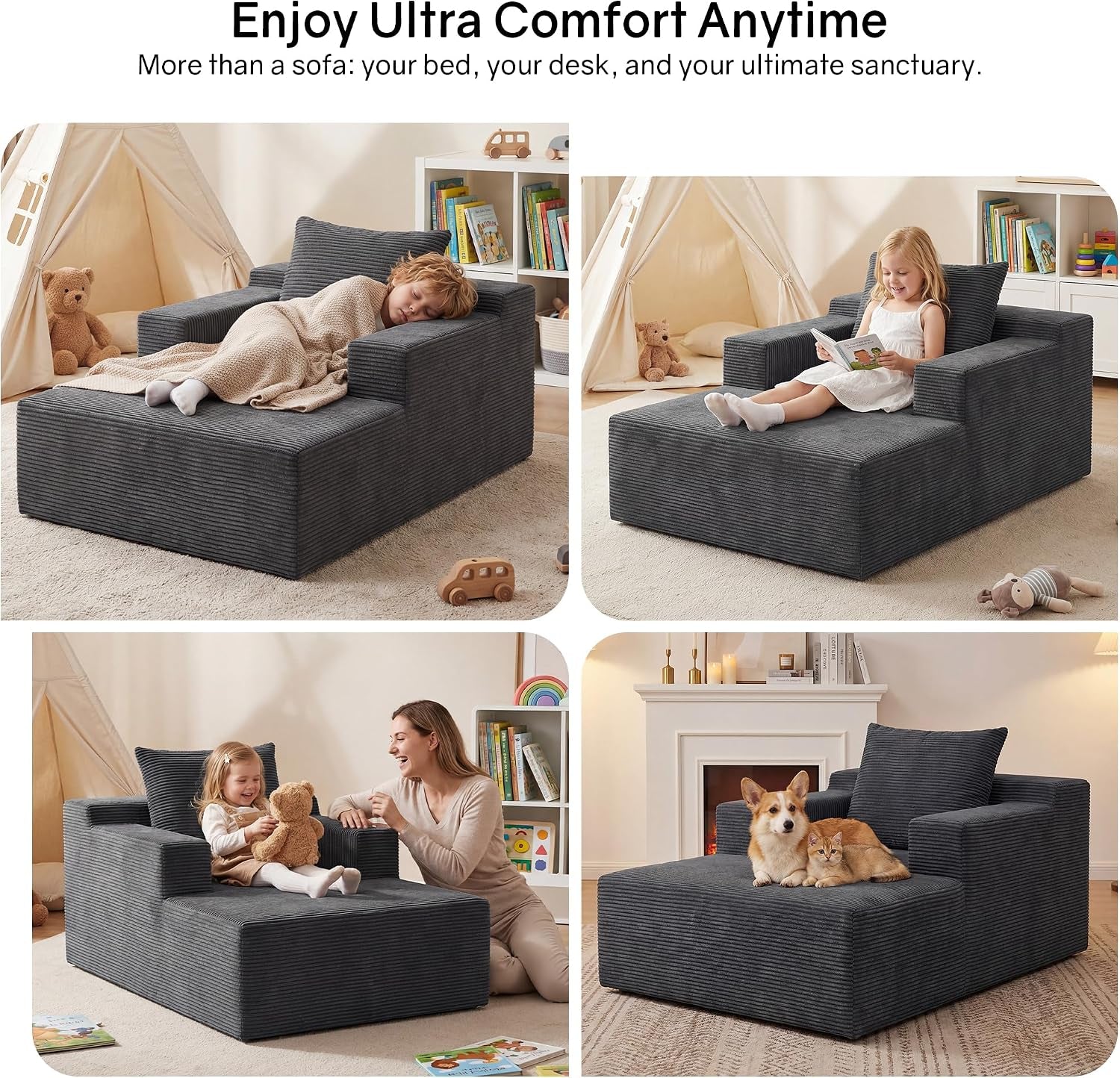 Four-panel collage showing a dark gray corduroy chaise used by children and pets in a playroom setting.