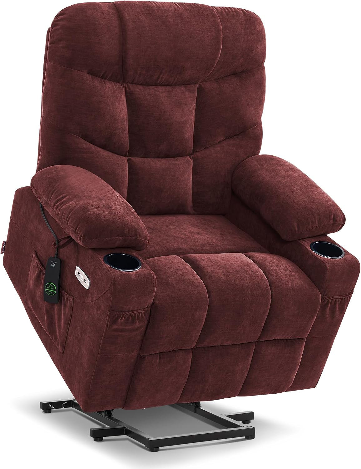 Three-quarter front view of a burgundy fabric lift recliner on white background with quilted cushions.