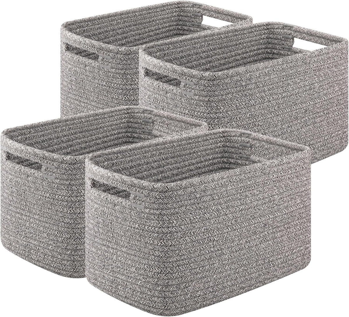 Four gray woven cotton rope baskets grouped together, open tops and oval cutout handles visible