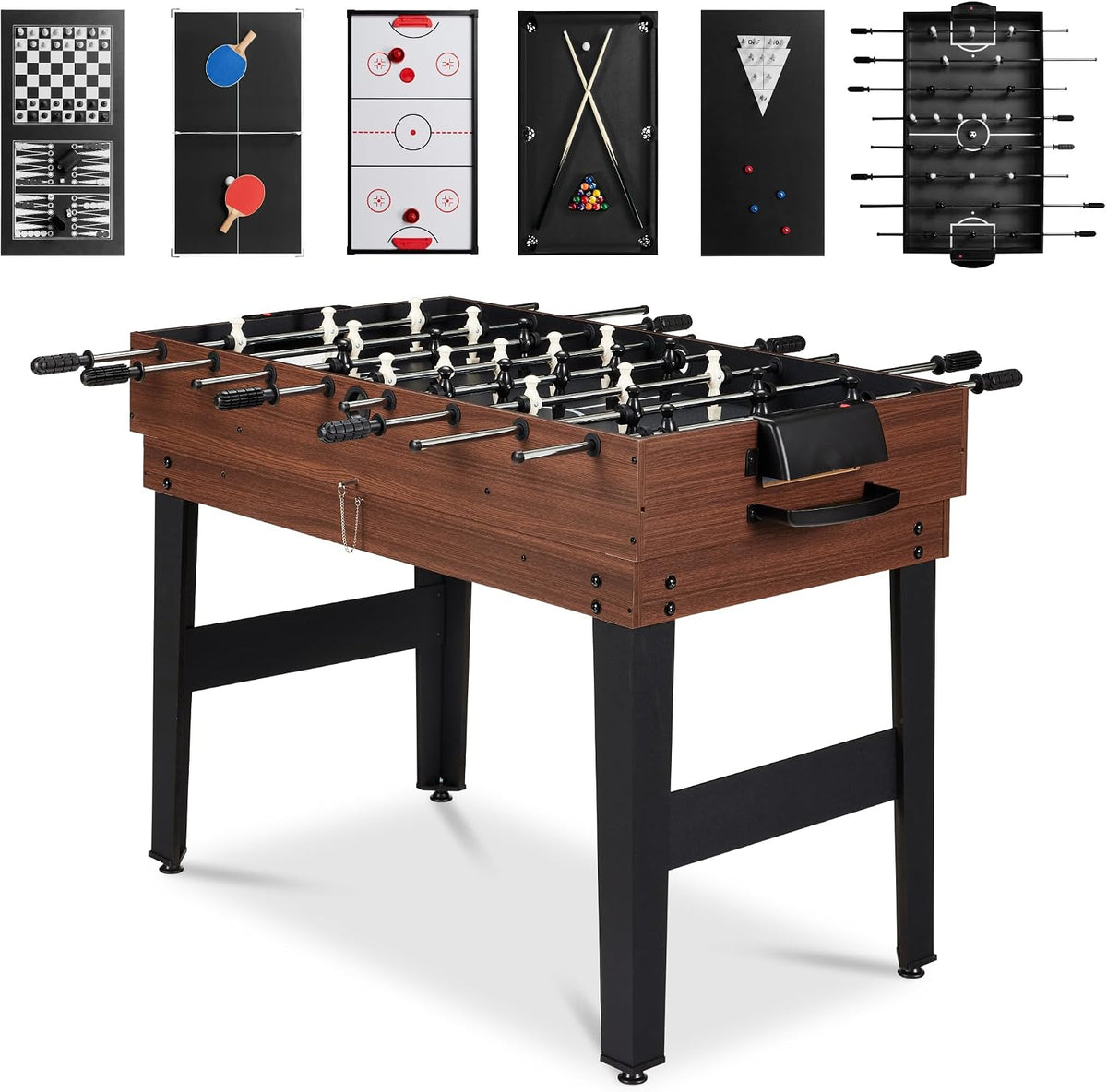 Brown wood‑tone foosball table at an angle showing black handles, white and black players, ball return and black legs.