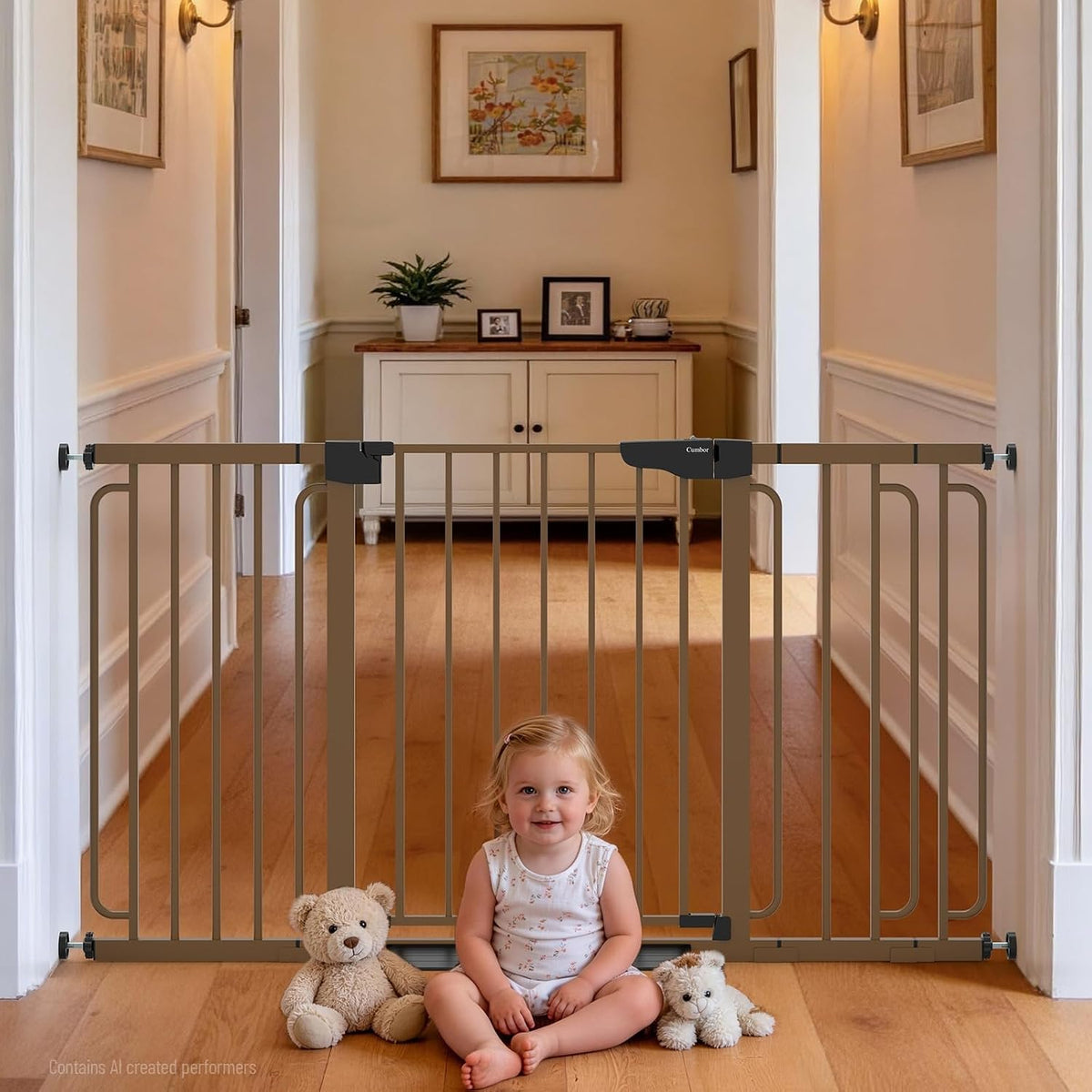 Toddler sits on floor toys in front of a brown safety gate installed in a doorway