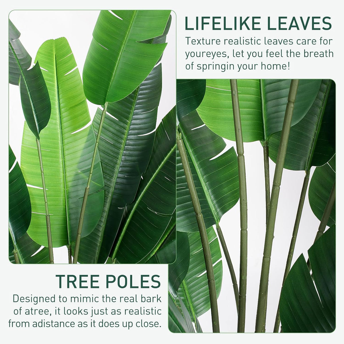 Close-up of lifelike silk leaves and textured faux-bark stems showing leaf veins and green tones