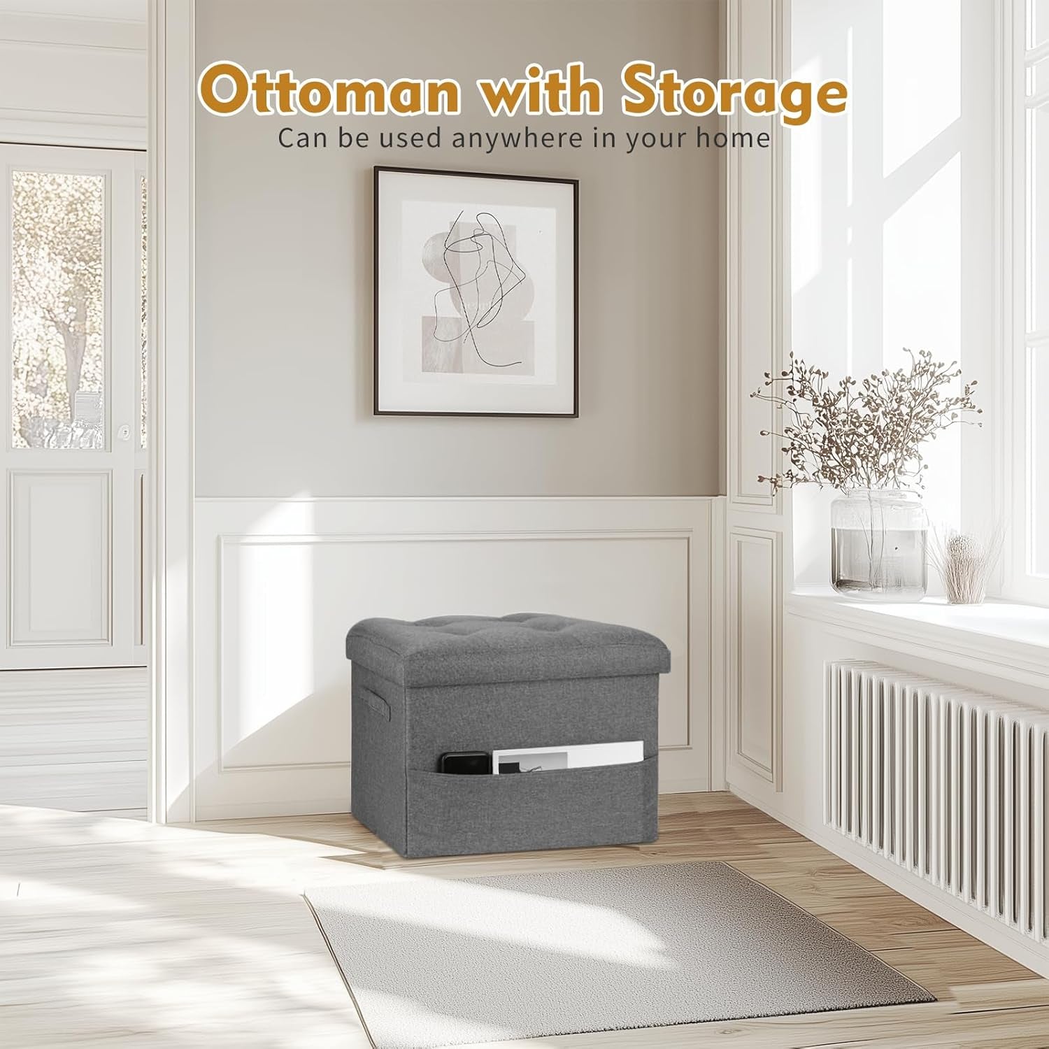 Dark gray storage ottoman placed in a bright entryway next to a window